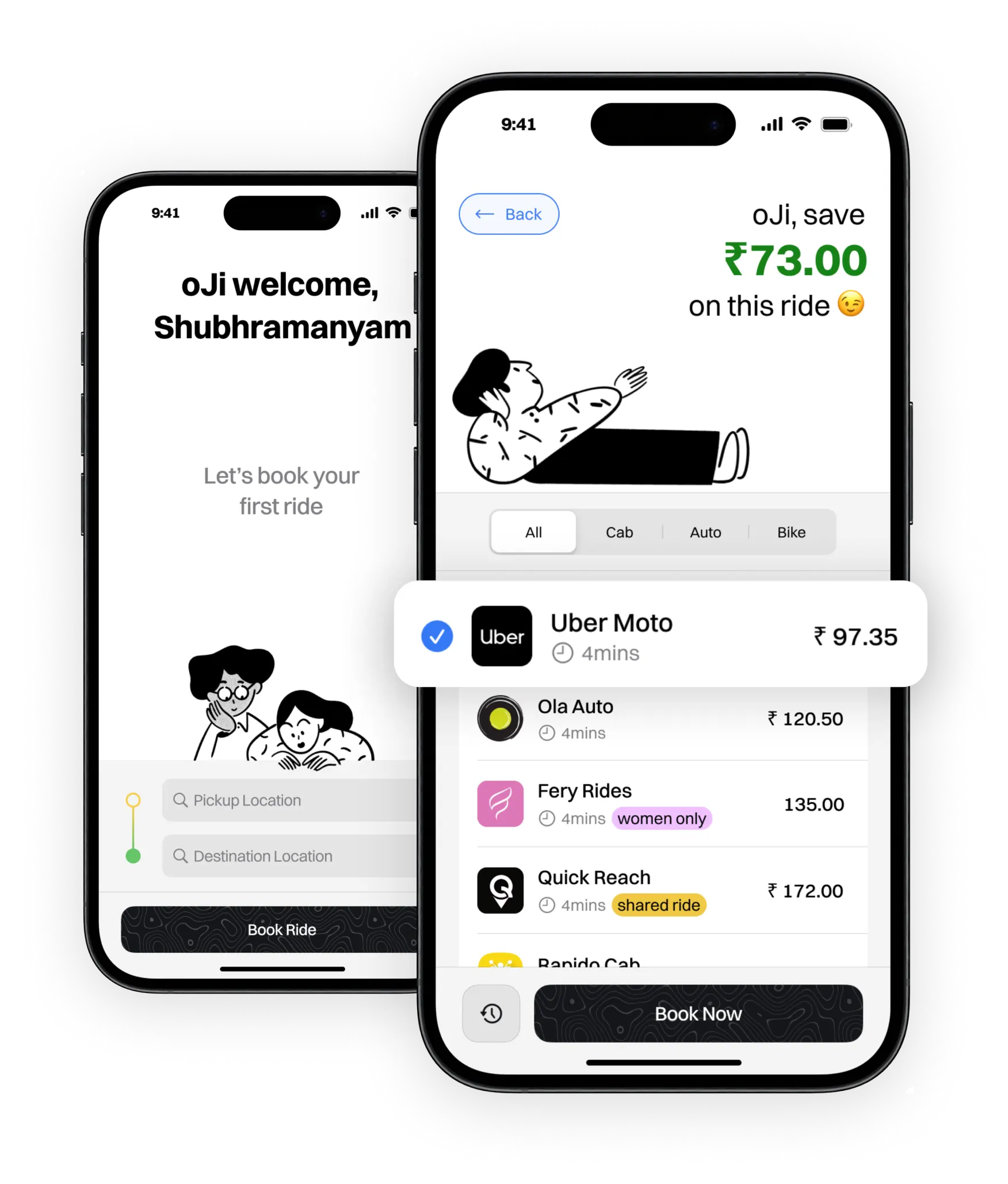 oji mobile app showing different comparison among uber, ola, rapido and others